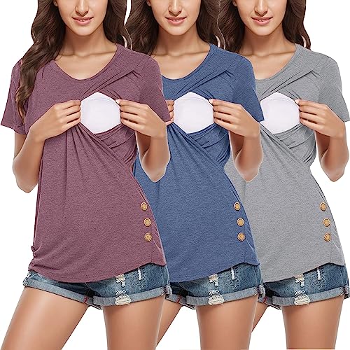 Damen Stillshirt Kurzarm Umstands Nursing T-Shirt Tops Mama Licious Female Still-Bluse mit kurzen Ärmeln MLLEA 3er-Pack Stillshirt-Damen-Umstandstop Umstandsmode Oberteil Umstandsmode Sommer von Godom