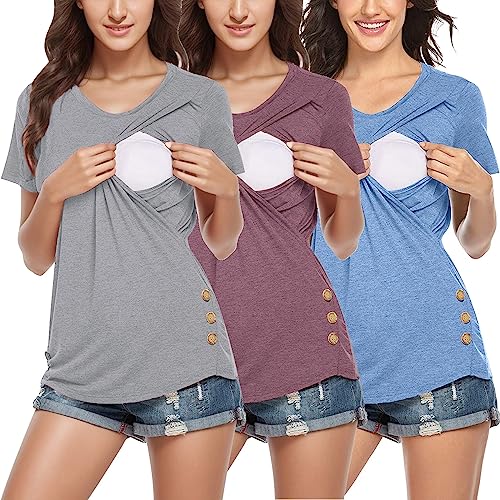 Damen Stillshirt Kurzarm Umstands Nursing T-Shirt Tops Mama Licious Female Still-Bluse mit kurzen Ärmeln MLLEA 3er-Pack Stillshirt-Damen-Umstandstop Umstandsmode Oberteil Umstandsmode Sommer von Godom