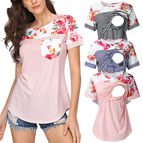 Elegante Blusen 3/4 Ärmel Damen Umstandsmode Kurzarm Rundhalsausschnitt Einfarbig Asymmetrisch Klappe Stilltops T-Shirt Zum Stillen 2er Pack Damen-Stillshirt-Kurzarm-Umstands-Nursing-T-Shirt-Tops von Godom