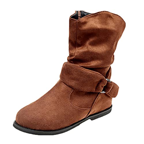 Godom Damen Stiefeletten, Gummistiefel Damen mit Absatz Modische ReitGummistiefel Damen Halbhoch Atmungsaktive Kurz Absätze Damen Retro Stiefel Damenstiefel mit Schnalle Wildleder Cowboystiefel Damen von Godom