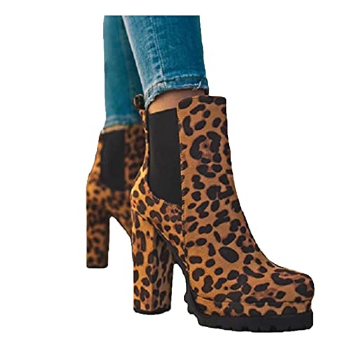 Godom Schneestiefel Damen,Damen Leopard Print kurze Stiefel Dicke Absatz Hohe Absätze Stiefel Nackte Stiefel Schuhe Damen Stiefeletten mit Keialbsatz High Heels Ankle Boots von Godom