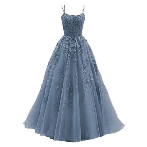 Godom Sommerkleid Damen Ballkleider Damen Lang Tüll Ballkleid Damen mit Spaghettiträgern Lange Spitzenapplikationen Ballkleider A Linie formelle Party Abendkleider Damen Spaghetti Strap Tüll Kleid von Godom