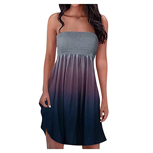 Godom Sommerkleid Damen Boho Kleid Bandeau Sommerkleid Elegant Kurz Freizeitkleid Trägerlos Ärmellos Party Strandkleid Cocktailkleid Farbverlauf Blumen Druck Minikleid Stretch Hohe Taille Faltenkleid von Godom