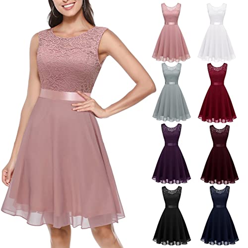 Godom Sommerkleid Damen Cocktailkleid Damen Abendkleider Elegant für Hochzeit Kleid Hochzeitsgast Chiffon Ärmellos Spitzenkleid Einfarbiger Spitze Brautjungfernkleid Knielang Swing Party Kleid von Godom