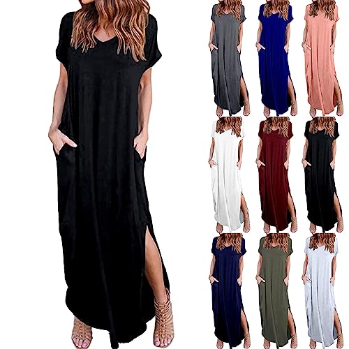 Godom Sommerkleid Damen Maxikleider Damen Sommer Kurzarm Maxikleid Strandkleid Freizeitkleid Maxi Shirtkleid Lang mit Schlitz Taschen V-Ausschnitt Einfarbige Modische Lässige Tasche Schlitz Shirtkleid von Godom