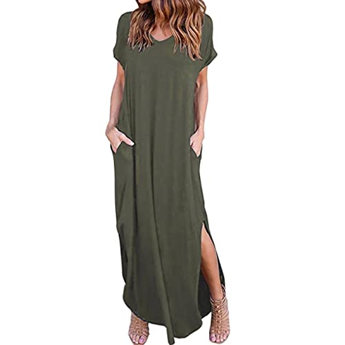 Godom Sommerkleid Damen Maxikleider Damen Sommer Kurzarm Maxikleid Strandkleid Freizeitkleid Maxi Shirtkleid Lang mit Schlitz Taschen V-Ausschnitt Einfarbige Modische Lässige Tasche Schlitz Shirtkleid von Godom