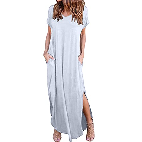 Godom Sommerkleid Damen Maxikleider Damen Sommer Kurzarm Maxikleid Strandkleid Freizeitkleid Maxi Shirtkleid Lang mit Schlitz Taschen V-Ausschnitt Einfarbige Modische Lässige Tasche Schlitz Shirtkleid von Godom