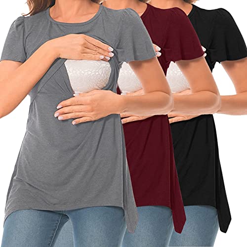 Godom Still Oberteil Sommer, Umstandsmode Kurzarm Umstandsmode Stillshirt Oberteil Streifen 3 Pack Damen Umstandstop Umstandsshirt Basic Stillzeit Umstandsmode Umstandsbluse Top von Godom