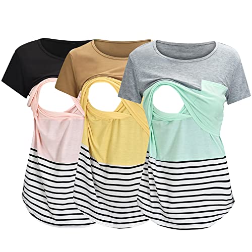 Godom Still Oberteil Sommer, Umstandsmode Kurzarm Umstandsmode Stillshirt Oberteil Streifen 3 Pack Damen Umstandstop Umstandsshirt Basic Stillzeit Umstandsmode Umstandsbluse Top von Godom