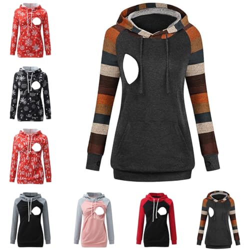 Godom Stillpullover Damen, Damen Stillen Hoodie Umstandspullover Langarm Umstandsmode Jacke Damen Stilloberteile Langarm Stillshirt Hoodie Damen mit Taschen Solid/Patchwork/Weihnachten Kapuzenpullover von Godom