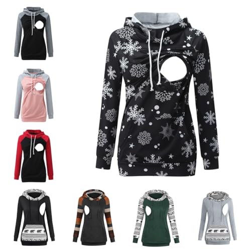 Godom Stillpullover Damen, Damen Stillen Hoodie Umstandspullover Langarm Umstandsmode Jacke Damen Stilloberteile Langarm Stillshirt Hoodie Damen mit Taschen Solid/Patchwork/Weihnachten Kapuzenpullover von Godom