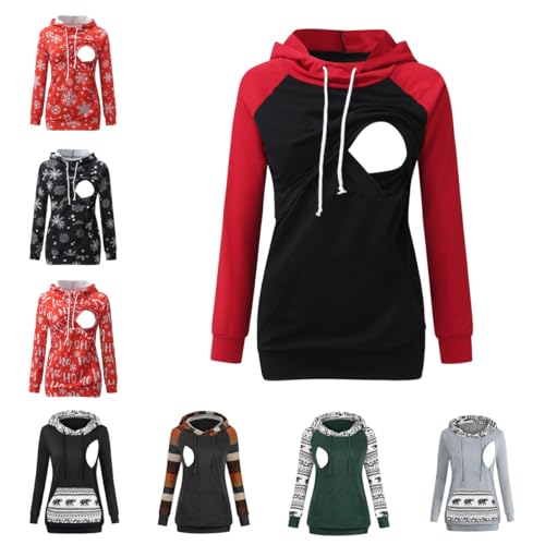 Godom Stillpullover Damen, Damen Stillen Hoodie Umstandspullover Langarm Umstandsmode Jacke Damen Stilloberteile Langarm Stillshirt Hoodie Damen mit Taschen Solid/Patchwork/Weihnachten Kapuzenpullover von Godom