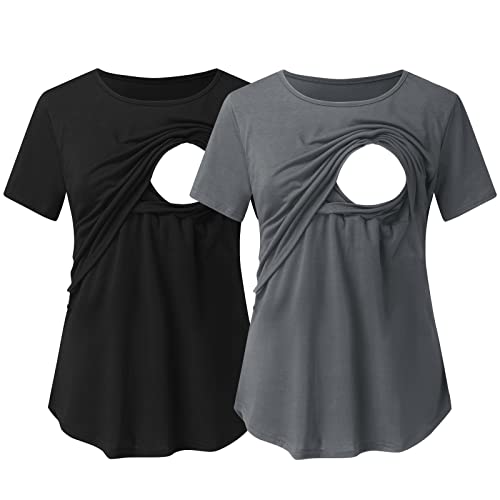 Still Top Damen Sommer Damen Umstandsmode Kurzarm Rundhalsausschnitt Einfarbig Asymmetrisch Klappe Stilltops T-Shirt Zum Stillen 2er Pack Lange Damen Eng von Godom