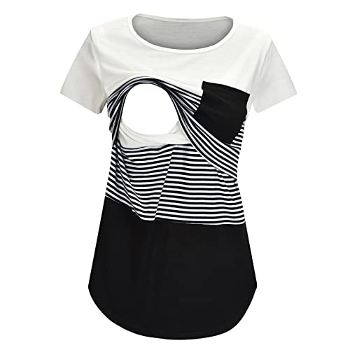 T-Shirt Umstandsmode,Damenröcke Gr. 48 Gestreifte Ärmel Womens Print Mutterschaft zum Stillen Tops T-Shirt Kurze Umstandsbluse Babyöl Schwangerschaft Umstandsmode Oberteil Stillmode Still Top Da von Godom