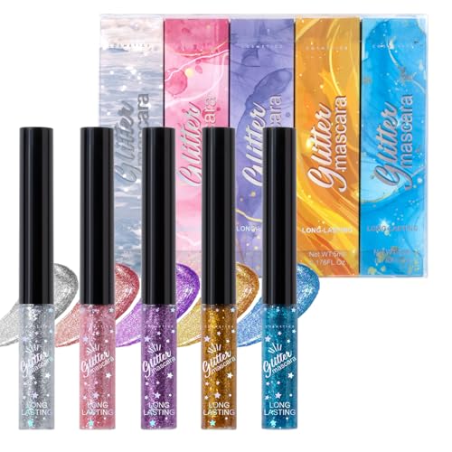 5 Stück Glitzer Wimperntusche, Mascara Glitzer, FlüssigGlitzer Mascara, VoluminöseGlitzer Wimperntusche Wasserfest, WimperntuscheGlitzer, Langlebige Volumizing Curling VerlängerungMascara von Godpqiui