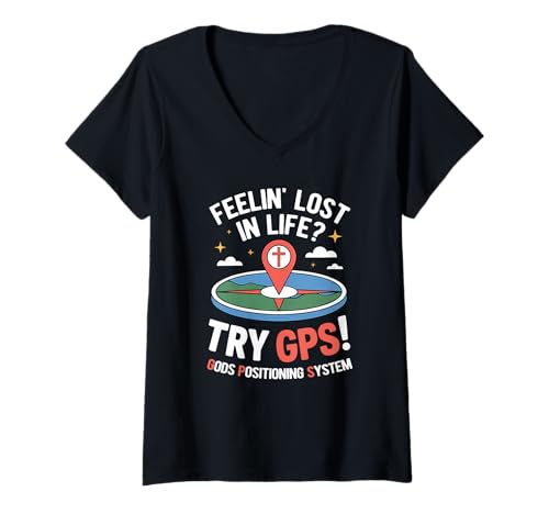 Damen „Versuche es mit GPS! Gottes Positionierungssystem“ Lustiges christliches Gott-Meme T-Shirt mit V-Ausschnitt von Gods Bible GPS