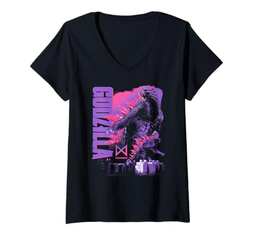 Damen Godzilla x Kong Monarch Collage Purple Text Movie Monster T-Shirt mit V-Ausschnitt Damen Godzilla x Kong Monarch Collage Purple Text Movie Monster T-Shirt mit V-Ausschnitt von Godzilla x Kong: The New Empire