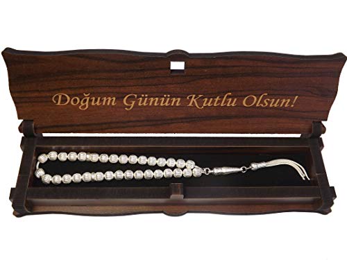 Gök-Türk 925 Silber Tesbih Gebetskette + Box Schatulle aus Holz Handgemacht mit Gravur Dogum Günün Kutlu Olsun - Alles Gute zum Geburtstag auf Türkisch von Gök-Türk