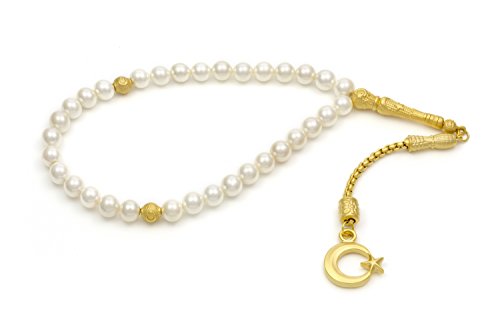 Gök-Türk Elegante Gebetskette - Tesbih 33 Perlen Weisse Perlen mit goldfarbenem Anhänger 'Halbmond mit Stern' von Gök-Türk