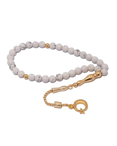 Gök-Türk Gebetskette - Tesbih 33 Perlen Tasbih Mond & Stern Anhänger in Gold Farbe Ay Yidliz - Marmor Weiss von Gök-Türk