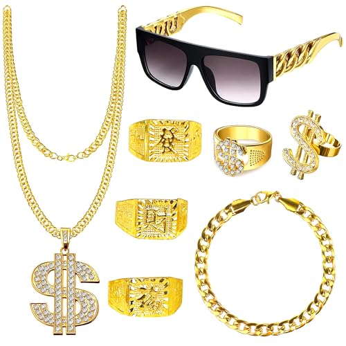 Goenb 8 Stück Zuhälter Kostüm, 80er 90er Jahre Outfit Herren Hip Hop Kostüm Goldkette Herren Gangster Gang Sonnenbrille Goldene Dollar Kette Ring Hanzi-Ringe Für Karneval Fasching Mottoparty von Goenb