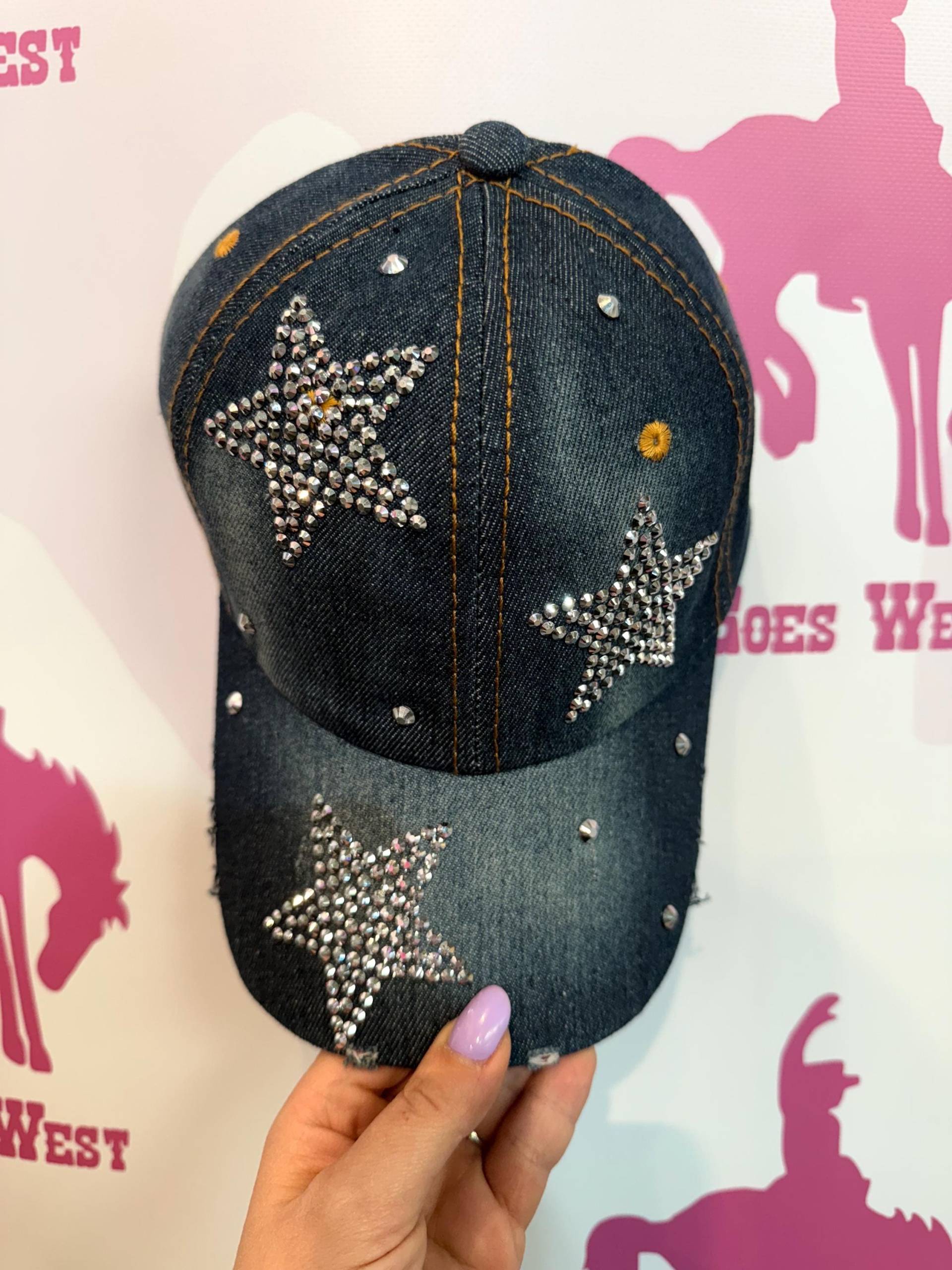 Jeans Cap Mit Strass Sternen | Glitzer Basecap Damen Cowgirl Festival Denim Verstellbar Jeans Cap Mit Strass Sternen | Glitzer Basecap Damen Cowgirl Festival Denim Verstellbar von GoesWestWestern