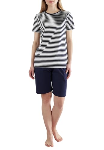 Grözburg Damen Schlafanzug Kurz – Zweiteiliges Baumwoll-Pyjama Set mit Rundhals (DE/NL/SE/PL, Numerisch, 38, blau-dunkel-Ringel) von Götzburg