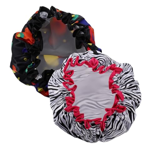 Gogogmee 2 Stück Doppellagige Wasserdichte Duschhaube Damen Satin Badekappe Elastisch Wiederverwendbar Zebra und Bunte Punkte für Langes Haar Salon von Gogogmee