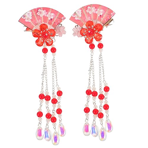 Gogogmee 2 Stück Japanische Haarnadeln mit Perlen Tasseln und Blumen Fächerdesign Traditionelle Haarschmuckclips für Mädchen und Bräute Leichte Haarklammern in Rot für Festliche Anlässe und von Gogogmee