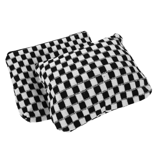 Gogogmee 2 Stück Teiliges Kariertes Kosmetiktäschchen aus Weichem Strickstoff Großer Strapazierfähiger Kulturbeutel mit Praktischem Haken Ästhetischer Schminkbeutel für Schule Reise Frauen von Gogogmee