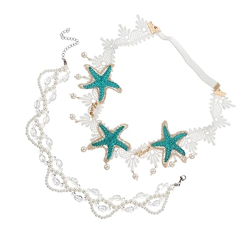 Gogogmee 2 Stück Teiliges Meerjungfrau mit Seestern Spitzenhaarband und Perlenkette Boho Haarschmuck für Hochzeit Party Festival Geeignet für Damen und Mädchen von Gogogmee