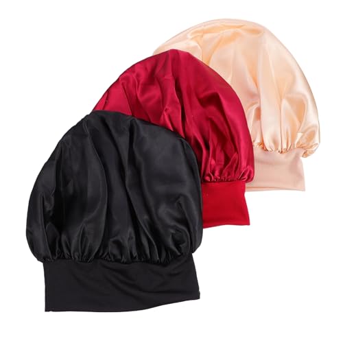 Gogogmee 3 Stück Doppellagige Einfarbige Schlafhauben aus Atmungsaktivem Hautfreundlichem Material Verstellbare Mütze für Damen zum Schutz Haare Beim Schlafen und Duschen Khaki Schwarz und von Gogogmee