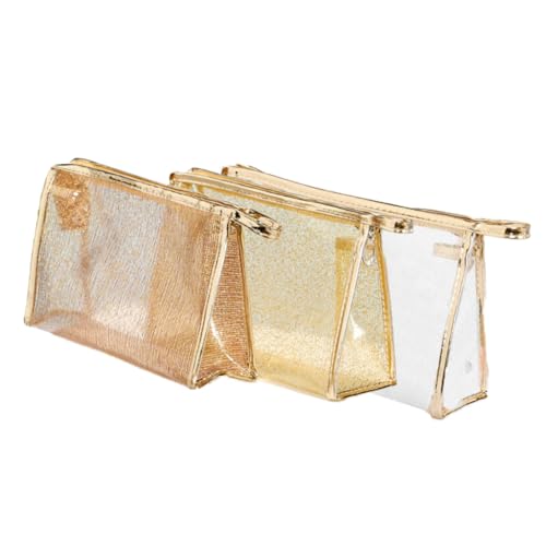 Gogogmee 3 Stück Teiliges Transparente Makeup Taschen aus TPU mit Goldfaden Multifunktionale Kosmetiktaschen für Damen mit Reißverschluss Praktische Aufbewahrungstaschen für Reisen und von Gogogmee