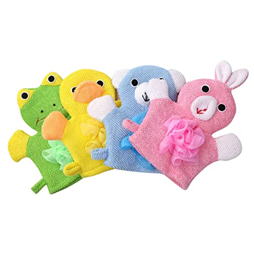 Gogogmee 4Stücke Teiliges Cartoon Badetuch für Komfortable Reinigungshandschuhe Fröhlichen Designs Gelber Enten Grüner Frosch Pinker Hase Blauer Bär für Sanfte Hautpflege von Gogogmee