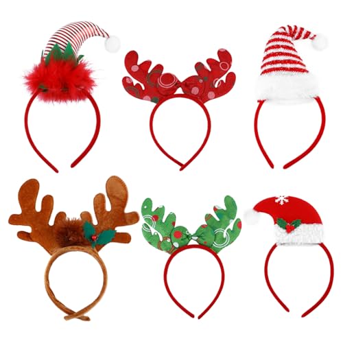 Gogogmee 6 Stück Teiliges Weihnachts Stirnband mit Weichen Gepolsterten Rentiergeweihen in Braun Roten und Grünen Schleifen Sowie Roten und Goldenen Weihnachtsmützen Leicht Komfortabel für von Gogogmee