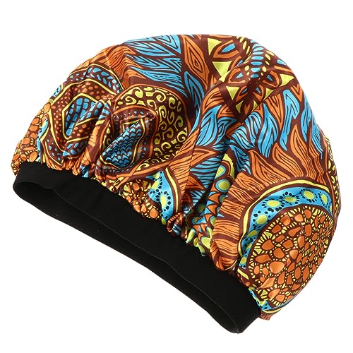 Gogogmee Doppellagige Satin Schlafhaube mit Elastischem Afrikanisches Blumenmuster in Braun Leichte Faltbare Haarkappe für Damen Schützt Haare vor Verknotung und Bewahrt Feuchtigkeit für von Gogogmee