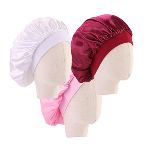 Gogogmee 3stücke Schlafmütze Für Junge Mädchen Krempe Satin-haube Atmungsaktiv Bequem Weiß Rosa Weinrot von Gogogmee