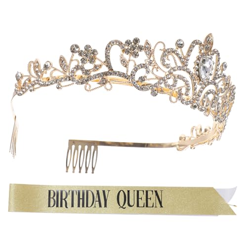 Gogogmee Geburtstags Party Tiara und Schärpe Verstellbare Legierungs Krone mit Strass Stabiles Haarband Goldfarben Langlebiges Partyzubehör für Unvergessliche Feier und Fotoshooting von Gogogmee