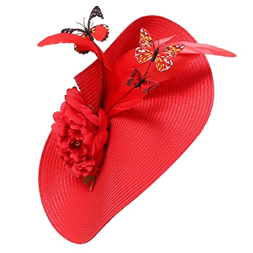 Gogogmee Fascinator Hut Mit Extravaganter Dekoration Handgefertigte Haaraccessoires Für Hochzeiten Teepartys Und Roter Kopfputz Mit Blumen Und Schmetterlingen von Gogogmee