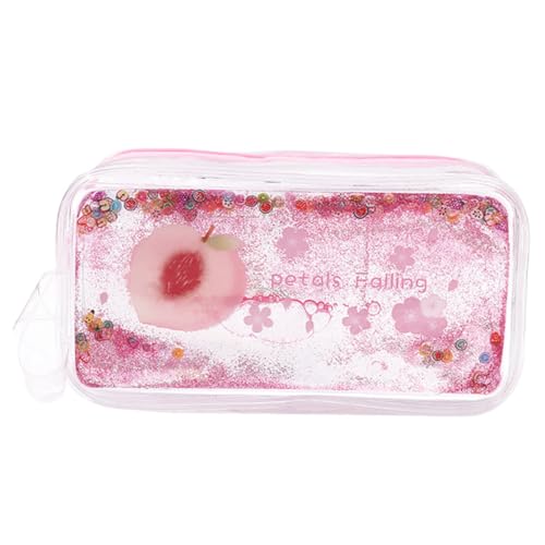 Gogogmee Transparente PVC Federmappe mit Pfirsich Motiv Glitzerndes Quicksand Design Reißverschlussgesichert Große Kapazität Leicht und Tragbar für Schule und Reisen von Gogogmee