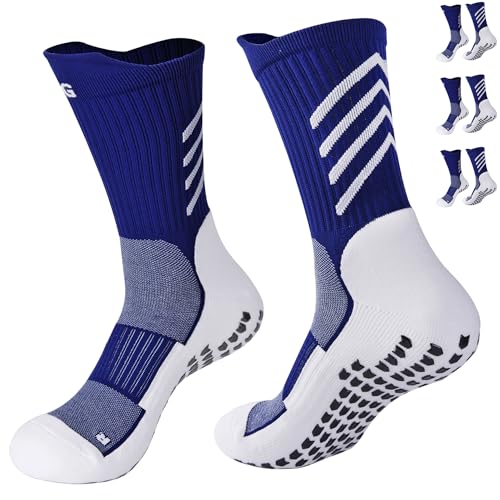 Gogogoal Rutschfeste Sportsocken Herren Damen gripige Fußballsocken Anti-Rutsch Fussballsocke Radfahren Basketball Rugby weiß+Marineblau3 M 3P von Gogogoal