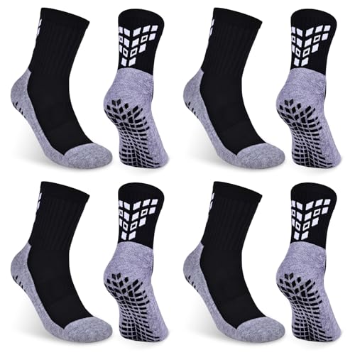 Gogogoal rutschfeste Fußballsocken Herren Damen Jugendliche gepolsterte atmungsaktive Anti-Rutsch Grip Crew Sportsocken Rugby Basketball Sneaker Socken 37-42 Schwarz+Grau M 4 Paar von Gogogoal