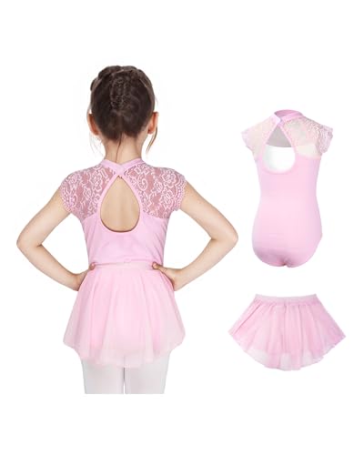 Gogokids 2er Pack Ballett-Trikots für Mädchen, Kleinkind Kurzarm Gymnastikanzug mit Abnehmbarem Chiffonrock, Kinder Ballett Tanzkleidungsset für 6-7 Jahre von Gogokids