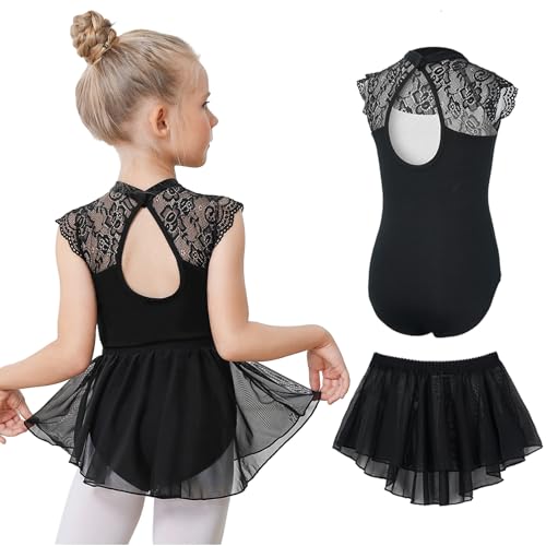 Gogokids 2er Pack Ballett-Trikots für Mädchen, Kleinkind Kurzarm Gymnastikanzug mit Abnehmbarem Chiffonrock, Kinder Ballett Tanzkleidungsset für 6-7 Jahre von Gogokids