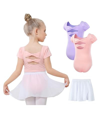 Gogokids 3er Pack Ballett-Trikots für Mädchen, Kleinkind Kurzarm Gymnastikanzug mit Abnehmbarem Chiffonrock, Kinder Ballett Tanzkleidungsset für 4-5 Jahre von Gogokids