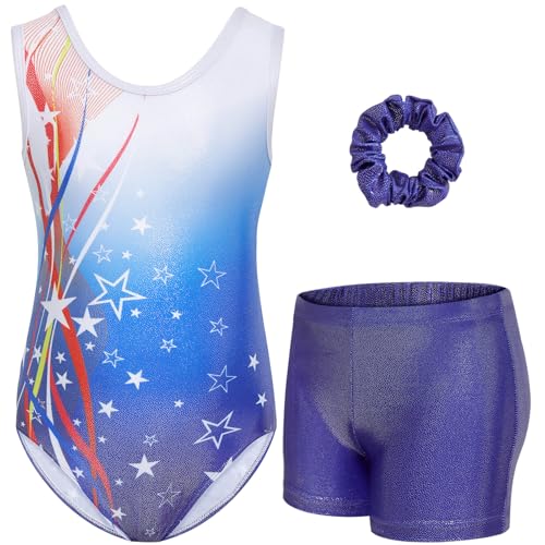 Gogokids Ärmelloses Gymnastiktrikot-Set für Mädchen, dreiteilig mit Shorts und Haargummi, Kinder Gymnastik Outfits mit Aushöhlen & überkreuztem Design, Glitzer Ballett-Einteiler für Alter 11-12 von Gogokids