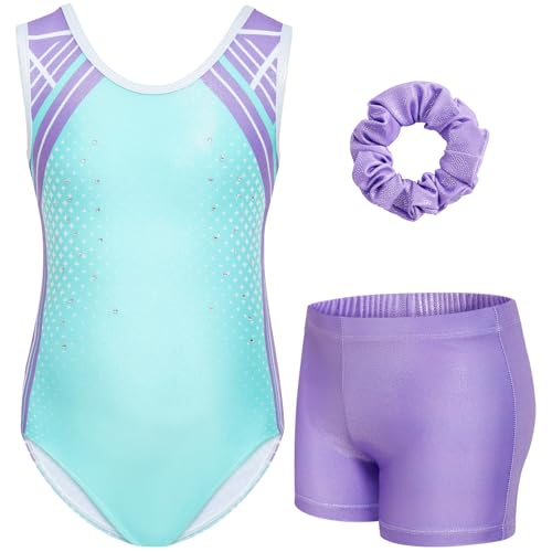 Gogokids Ärmelloses Gymnastiktrikot-Set für Mädchen, dreiteilig mit Shorts und Haargummi, Kinder Gymnastik Outfits mit Aushöhlen & überkreuztem Design, Glitzer Ballett-Einteiler für Alter 11-12 von Gogokids