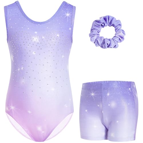 Gogokids Ärmelloses Gymnastiktrikot-Set für Mädchen, dreiteilig mit Shorts und Haargummi, Kinder Gymnastik Outfits mit Aushöhlen & überkreuztem Design, Glitzer Ballett-Einteiler für Alter 3-12 von Gogokids