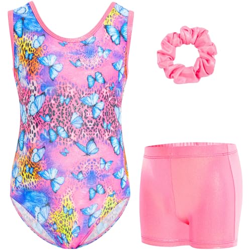 Gogokids Ärmelloses Gymnastiktrikot-Set für Mädchen, dreiteilig mit Shorts und Haargummi, Kinder Gymnastik Outfits mit Aushöhlen & überkreuztem Design, Glitzer Ballett-Einteiler für Alter 3-12 von Gogokids