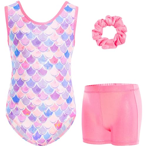 Gogokids Ärmelloses Gymnastiktrikot-Set für Mädchen, dreiteilig mit Shorts und Haargummi, Kinder Gymnastik Outfits mit Aushöhlen & überkreuztem Design, Glitzer Ballett-Einteiler für Alter 3-12 von Gogokids